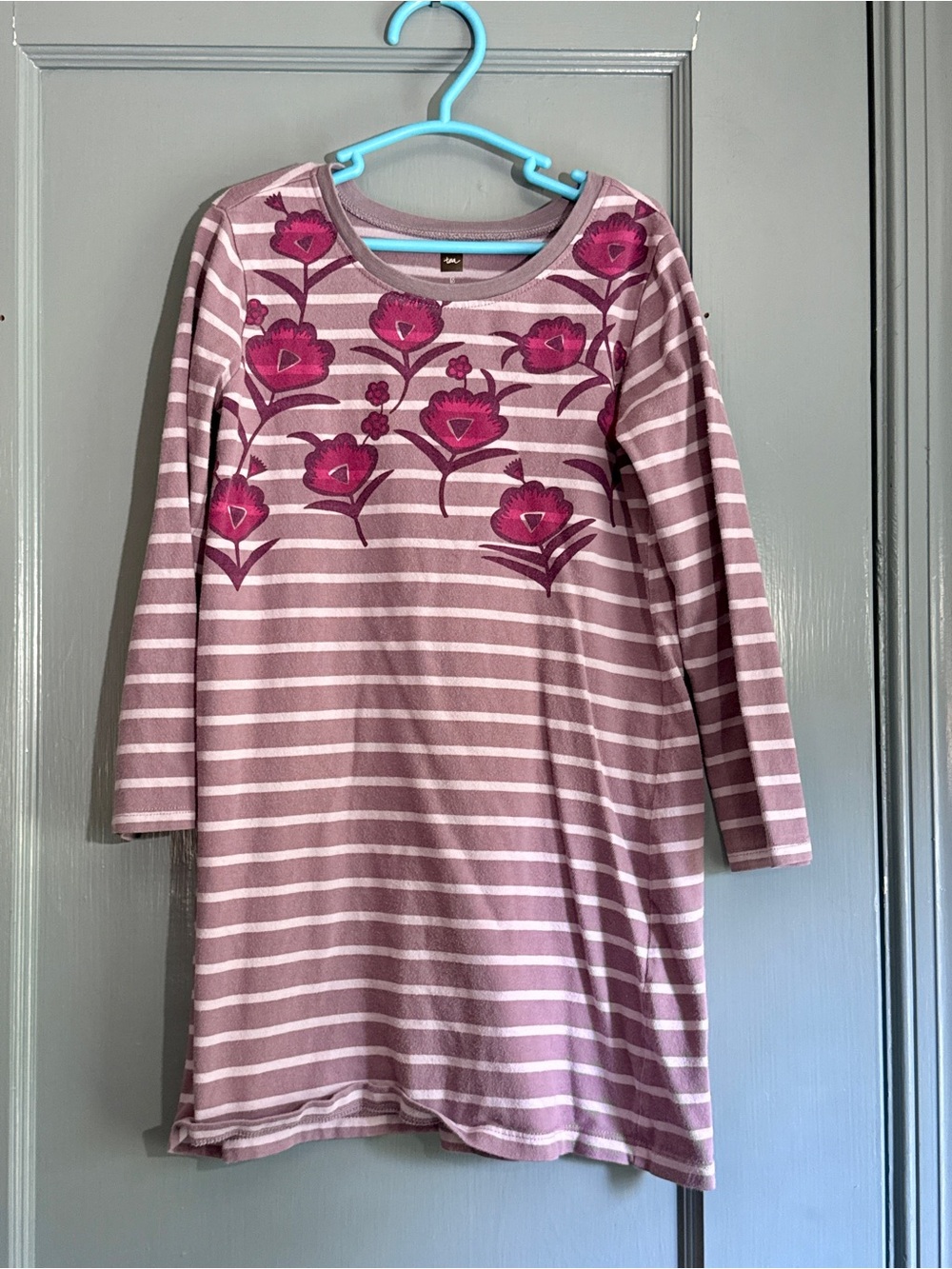 Tea Collection Mauve Striped Dress with Pink Floral Detail - 100% Cotton